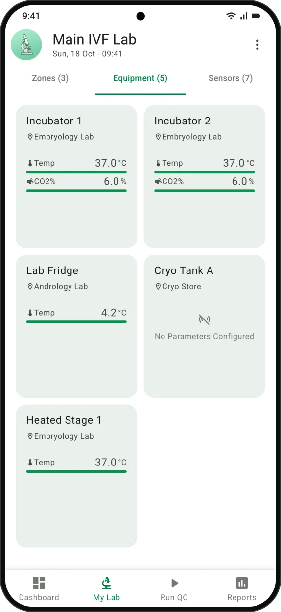 Metrum Genie app: Main IVF Lab equipment overview