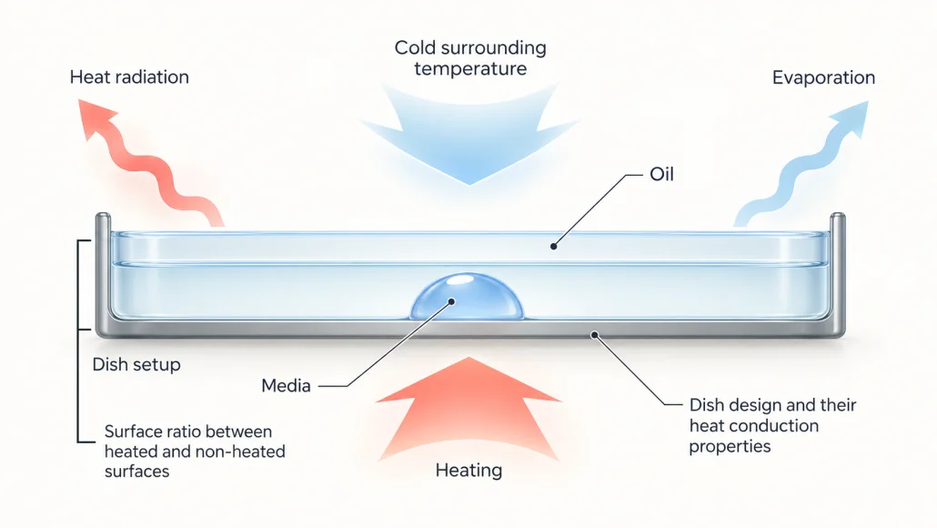 Factors affecting media droplet temperature in a Petri dish: heat radiation, evaporation, cold surroundings and heating