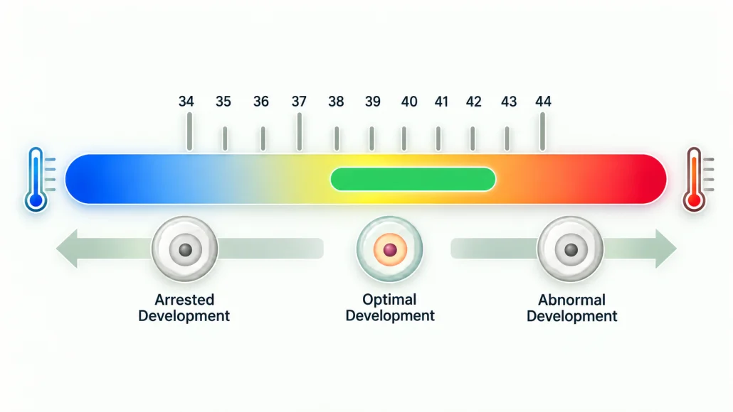 Temperature scale from 34 to 44 °C: arrested, optimal and abnormal embryo development
